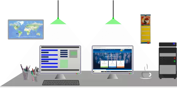 A workstation desk with two computer screens and lights over with green shades